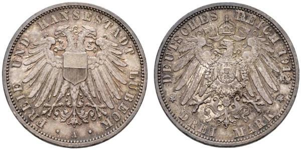 3 Mark Free City of Lübeck 銀 