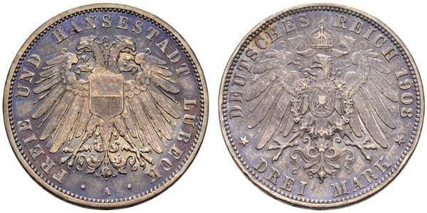 3 Mark Free City of Lübeck 銀 
