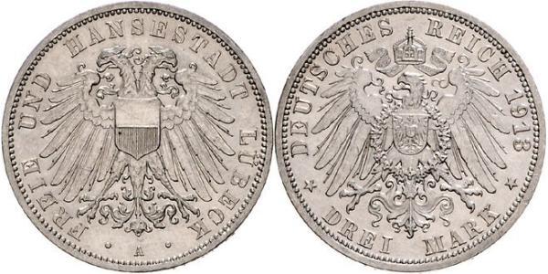 3 Mark Free City of Lübeck 銀 