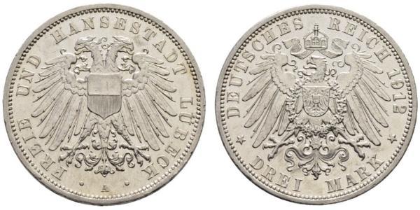 3 Mark Free City of Lübeck 銀 