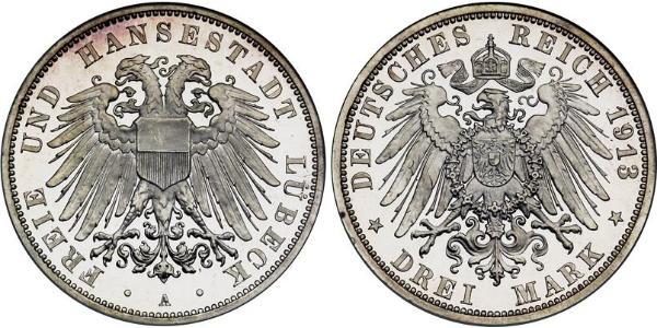 3 Mark Free City of Lübeck 銀 