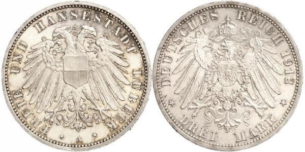 3 Mark Free City of Lübeck 銀 