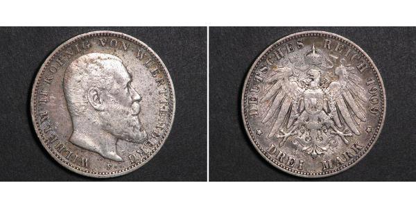 3 Mark Kingdom of Württemberg (1806-1918) 銀 威廉二世 (德国)