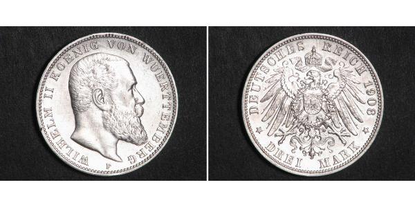 3 Mark Kingdom of Württemberg (1806-1918) 銀 威廉二世 (德国)