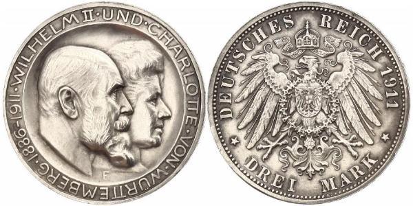3 Mark Kingdom of Württemberg (1806-1918) 銀 威廉二世 (德国)