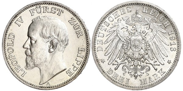 3 Mark 利珀親王國 (1123 - 1918) 銀 Leopold IV, Prince of Lippe