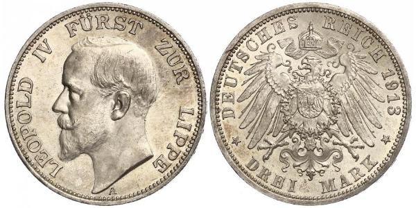 3 Mark 利珀親王國 (1123 - 1918) 銀 Leopold IV, Prince of Lippe