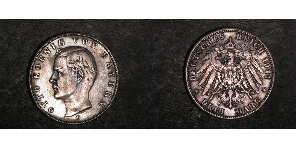 3 Mark 巴伐利亞王國 (1806 - 1918) 銀 奥托 (巴伐利亚国王)