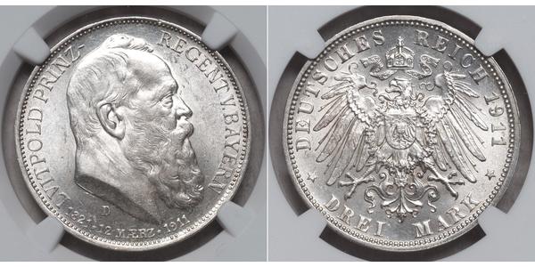 3 Mark 巴伐利亞王國 (1806 - 1918) 銀 奥托 (巴伐利亚国王)