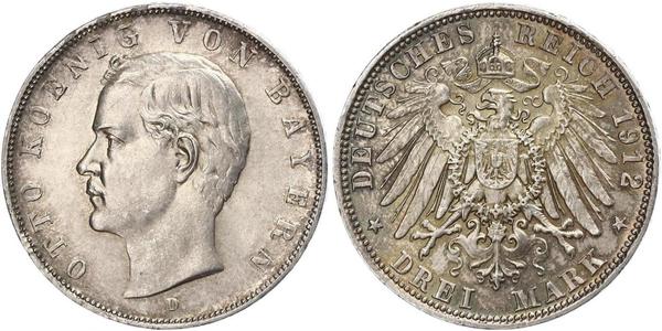 3 Mark 巴伐利亞王國 (1806 - 1918) 銀 奥托 (巴伐利亚国王)