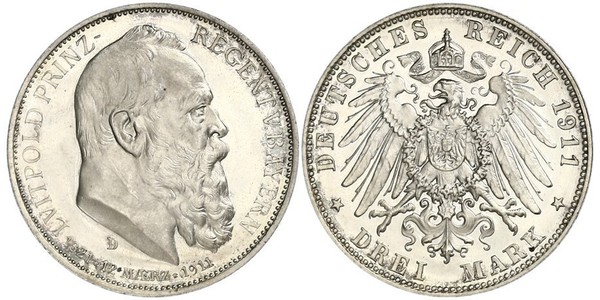 3 Mark 巴伐利亞王國 (1806 - 1918) 銀 奥托 (巴伐利亚国王)