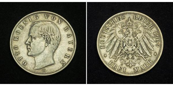 3 Mark 巴伐利亞王國 (1806 - 1918) 銀 奥托 (巴伐利亚国王)