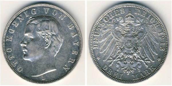 3 Mark 巴伐利亞王國 (1806 - 1918) 銀 奥托 (巴伐利亚国王)