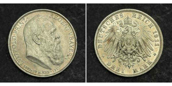 3 Mark 巴伐利亞王國 (1806 - 1918) 銀 奥托 (巴伐利亚国王)