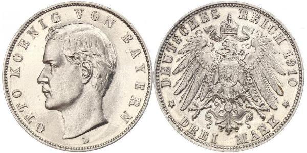 3 Mark 巴伐利亞王國 (1806 - 1918) 銀 奥托 (巴伐利亚国王)