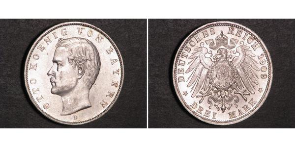 3 Mark 巴伐利亞王國 (1806 - 1918) 銀 奥托 (巴伐利亚国王)