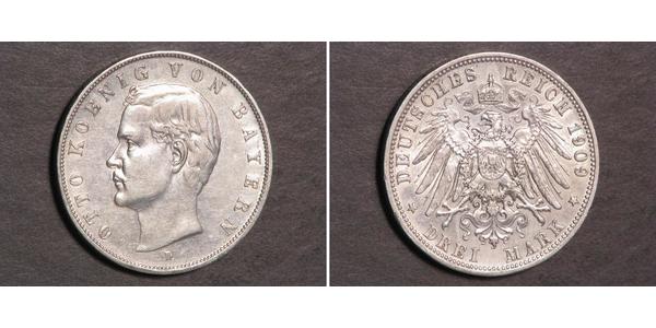 3 Mark 巴伐利亞王國 (1806 - 1918) 銀 奥托 (巴伐利亚国王)