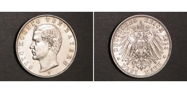 3 Mark 巴伐利亞王國 (1806 - 1918) 銀 奥托 (巴伐利亚国王)