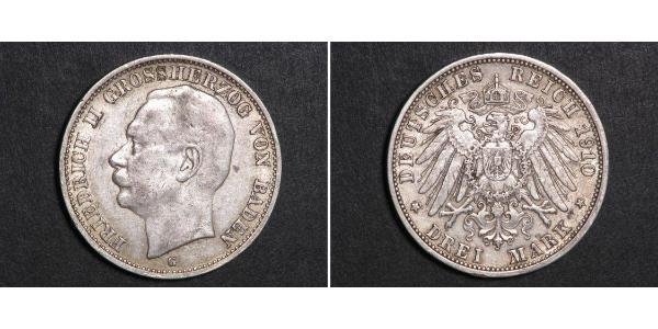 3 Mark 巴登大公國 (1806 - 1918) 銀 弗里德里希二世 (巴登)