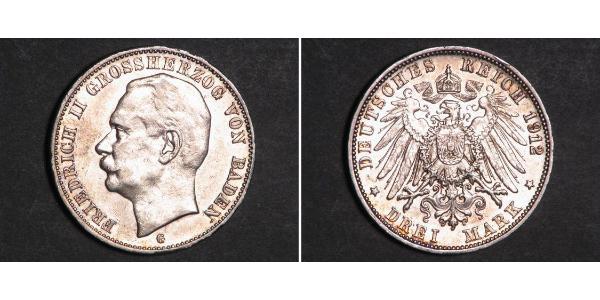 3 Mark 巴登大公國 (1806 - 1918) 銀 弗里德里希二世 (巴登)