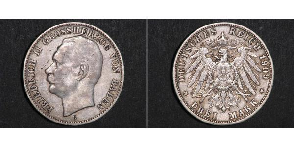 3 Mark 巴登大公國 (1806 - 1918) 銀 弗里德里希二世 (巴登)
