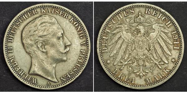 3 Mark 普魯士王國 (1701 - 1918) 銀 威廉二世 (德国)