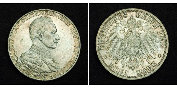 3 Mark 普魯士王國 (1701 - 1918) 銀 威廉二世 (德国)