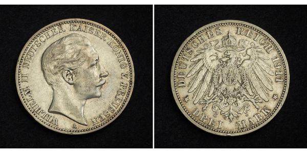 3 Mark 普魯士王國 (1701 - 1918) 銀 威廉二世 (德国)
