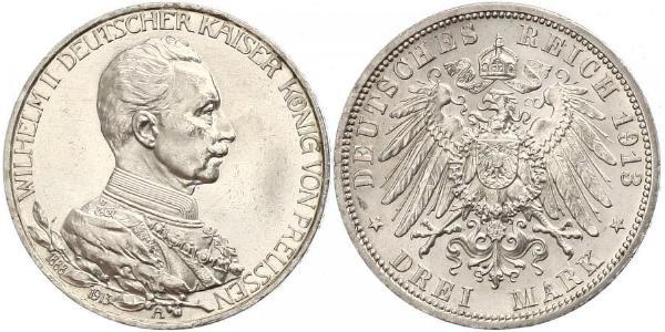 3 Mark 普魯士王國 (1701 - 1918) 銀 威廉二世 (德国)