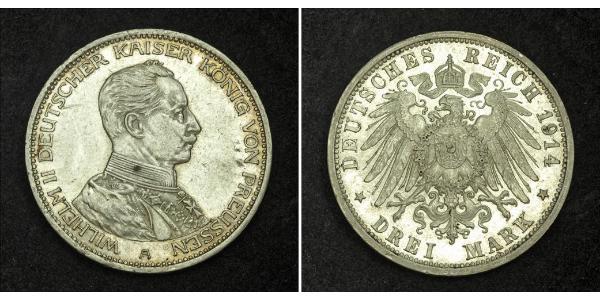 3 Mark 普魯士王國 (1701 - 1918) 銀 威廉二世 (德国)