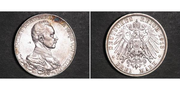 3 Mark 普魯士王國 (1701 - 1918) 銀 威廉二世 (德国)