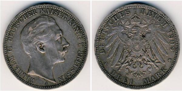 3 Mark 普魯士王國 (1701 - 1918) 銀 威廉二世 (德国)