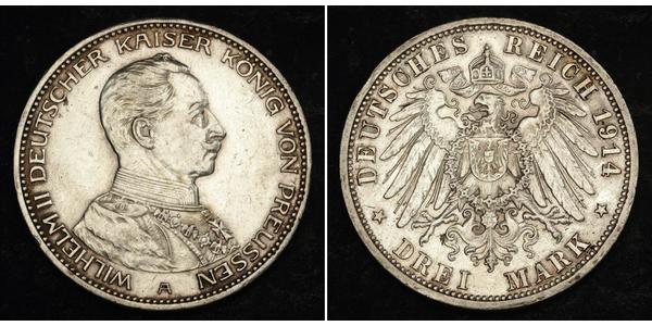3 Mark 普魯士王國 (1701 - 1918) 銀 威廉二世 (德国)