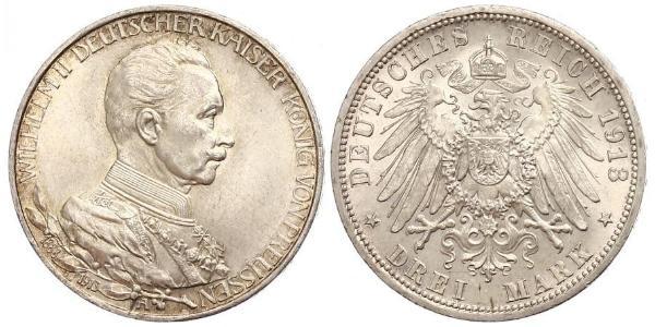 3 Mark 普魯士王國 (1701 - 1918) 銀 威廉二世 (德国)