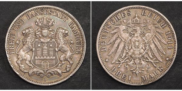3 Mark 汉堡 / 联邦州 (德国) 銀 