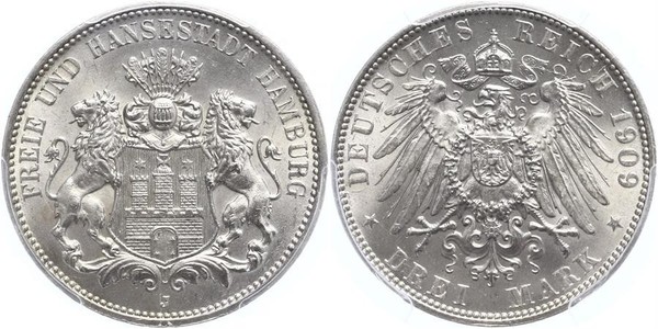 3 Mark 汉堡 / 联邦州 (德国) 銀 