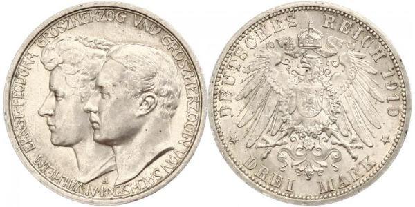 3 Mark 萨克森-魏玛-艾森纳赫 (1809 - 1918) 銀 威廉·恩斯特 (萨克森-魏玛-艾森纳赫)