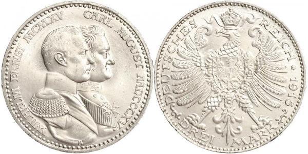 3 Mark 萨克森-魏玛-艾森纳赫 (1809 - 1918) 銀 威廉·恩斯特 (萨克森-魏玛-艾森纳赫)