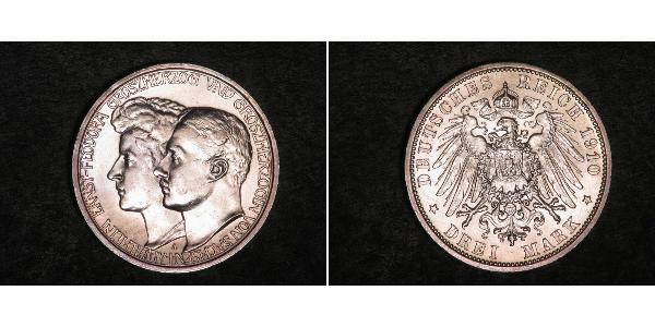 3 Mark 萨克森-魏玛-艾森纳赫 (1809 - 1918) 銀 威廉·恩斯特 (萨克森-魏玛-艾森纳赫)