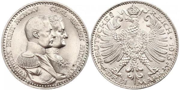 3 Mark 萨克森-魏玛-艾森纳赫 (1809 - 1918) 銀 威廉·恩斯特 (萨克森-魏玛-艾森纳赫)