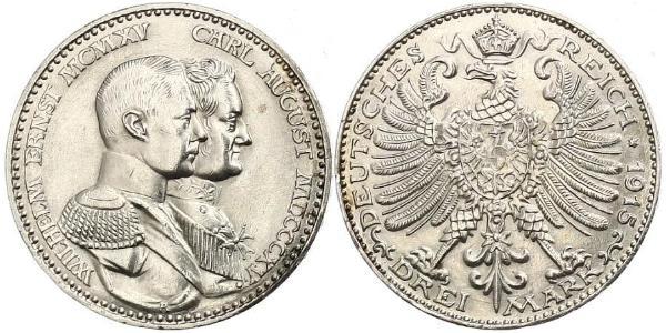 3 Mark 萨克森-魏玛-艾森纳赫 (1809 - 1918) 銀 威廉·恩斯特 (萨克森-魏玛-艾森纳赫)