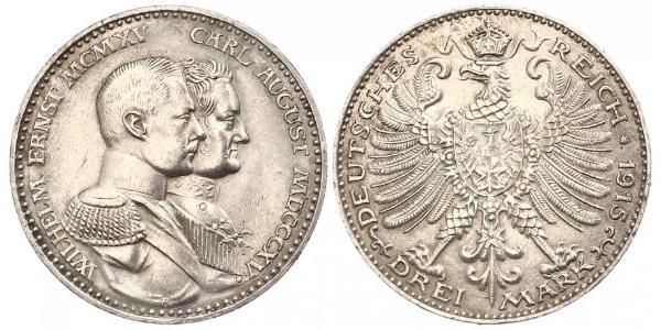 3 Mark 萨克森-魏玛-艾森纳赫 (1809 - 1918) 銀 威廉·恩斯特 (萨克森-魏玛-艾森纳赫)