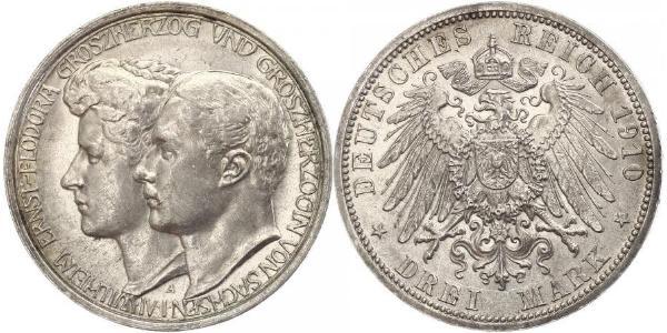 3 Mark 萨克森-魏玛-艾森纳赫 (1809 - 1918) 銀 威廉·恩斯特 (萨克森-魏玛-艾森纳赫)