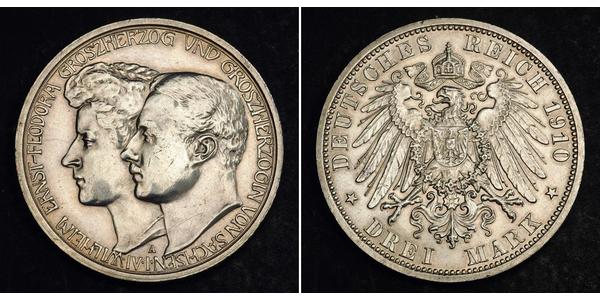 3 Mark 萨克森-魏玛-艾森纳赫 (1809 - 1918) 銀 威廉·恩斯特 (萨克森-魏玛-艾森纳赫)