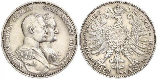 3 Mark 萨克森-魏玛-艾森纳赫 (1809 - 1918) 銀 威廉·恩斯特 (萨克森-魏玛-艾森纳赫)