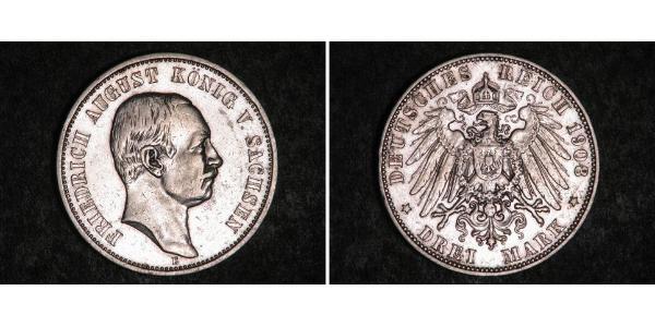 3 Mark 萨克森王国 (1806 - 1918) 銀 弗里德里希·奥古斯特三世 (萨克森国王)