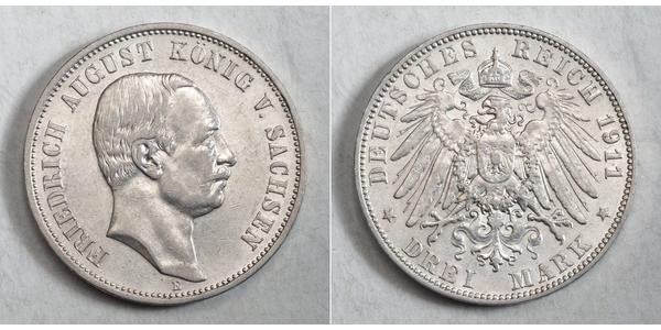 3 Mark 萨克森王国 (1806 - 1918) 銀 弗里德里希·奥古斯特三世 (萨克森国王)