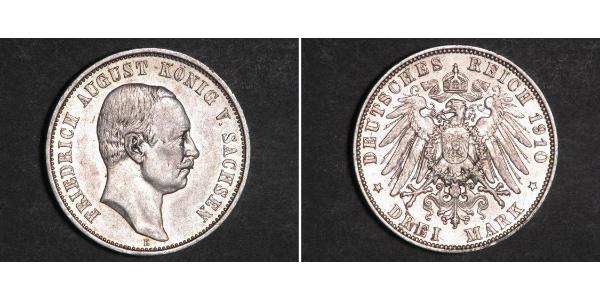 3 Mark 萨克森王国 (1806 - 1918) 銀 弗里德里希·奥古斯特三世 (萨克森国王)