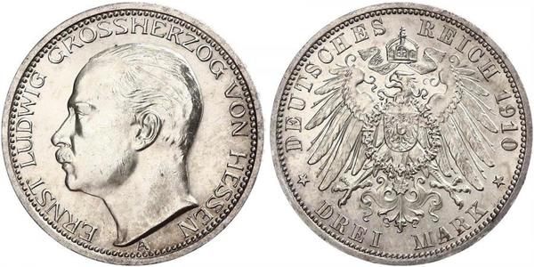 3 Mark 黑森-达姆施塔特 (1806 - 1918) 銀 恩斯特·路德维希 (黑森大公) (1868 - 1937)