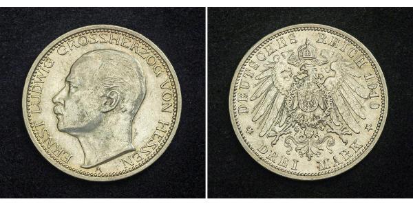 3 Mark 黑森-达姆施塔特 (1806 - 1918) 銀 恩斯特·路德维希 (黑森大公) (1868 - 1937)